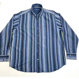 Tommy Bahama Size Large Men Blue Vanilla Trim Blue Stripe Button Down Silk Shirt